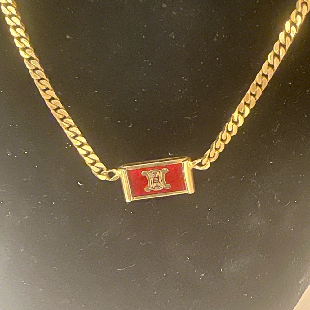 CELINE Vintage Macadam Gold Necklace with Red Enamel Triomphe Logo - Picture 2 of 7